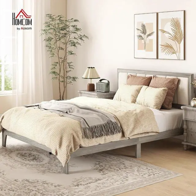 Alt view image 3 of 7 - Queen Size Bed Frame, Upholstered Headboard, Wooden Slats, Gray | Platform Bed Frame, No Box Spring Needed, Easy Assembly