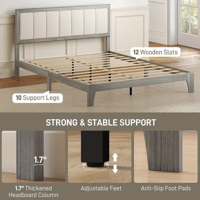 Alt view image 6 of 7 - Queen Size Bed Frame, Upholstered Headboard, Wooden Slats, Gray | Platform Bed Frame, No Box Spring Needed, Easy Assembly