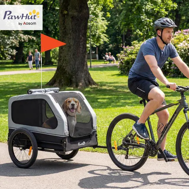 Alt view image 2 of 7 - PawHut Dog Bike Trailer Flip Down Ramp Tailgate for Medium Pets 44 lbs | Dog Cart Bicycle Carrier, Universal Bicycle Coupler, Reflectors, Flag, Internal Leash, for Medium Pets