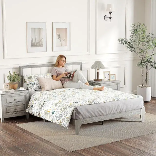 Alt view image 7 of 7 - Queen Size Bed Frame, Upholstered Headboard, Wooden Slats, Gray | Platform Bed Frame, No Box Spring Needed, Easy Assembly