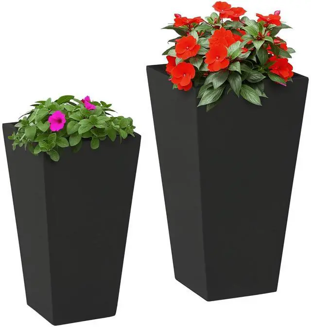 Main image of 2-Pack Outdoor Planter Set with Drainage Holes, 22in & 18in, Black | Flower Pots, Durable & Stackable Plant Pot, for Porch, Entryway, Patio, Yard, Garden