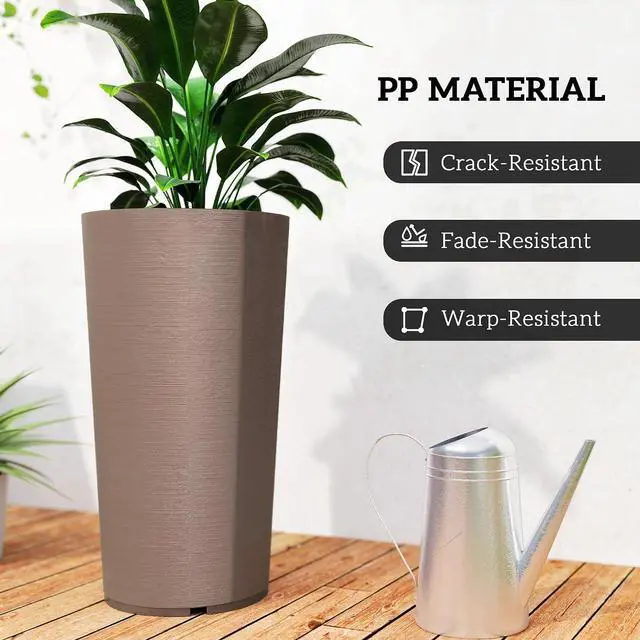 Alt view image 6 of 7 - 29 Inch Tall Planters for Outdoor Plants Set of 2, Brown | Plastic Flower Pots, DIY Drainage Holes, Stackable Large Planters for Indoor Plants, Front Porch Decor