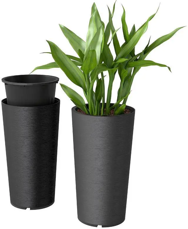 Main image of 29 Inch Tall Planters for Outdoor Plants Set of 2, Black | Plastic Flower Pots, DIY Drainage Holes, Stackable Large Planters for Indoor Plants, Front Porch Decor