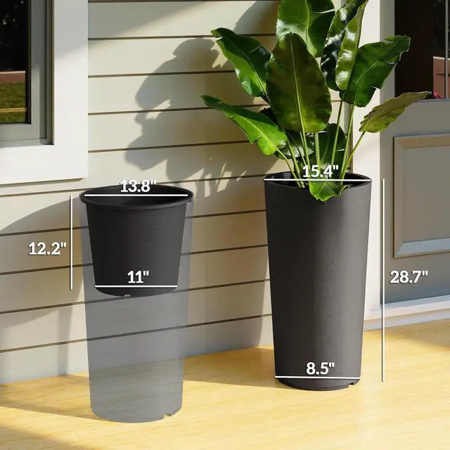 Alt view image 3 of 7 - 29 Inch Tall Planters for Outdoor Plants Set of 2, Black | Plastic Flower Pots, DIY Drainage Holes, Stackable Large Planters for Indoor Plants, Front Porch Decor