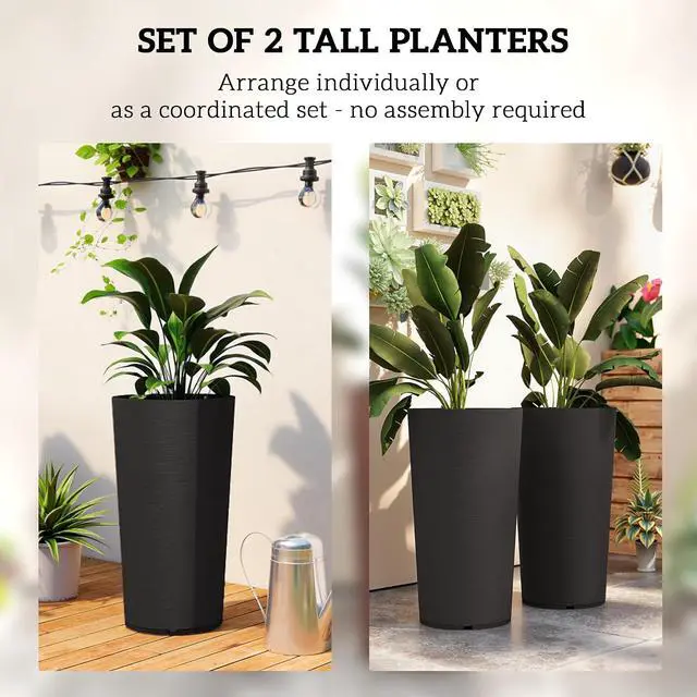 Alt view image 4 of 7 - 29 Inch Tall Planters for Outdoor Plants Set of 2, Black | Plastic Flower Pots, DIY Drainage Holes, Stackable Large Planters for Indoor Plants, Front Porch Decor