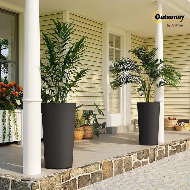 Alt view image 2 of 7 - 29 Inch Tall Planters for Outdoor Plants Set of 2, Black | Plastic Flower Pots, DIY Drainage Holes, Stackable Large Planters for Indoor Plants, Front Porch Decor