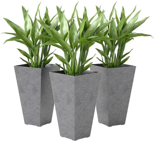 Main image of 28 Inch Tall Planters for Outdoor Plants Plastic Flower Pots Gray | Set of 3, Marble Finish, Drainage Holes, Stackable Tapered Large Planters, for Indoor Plants, Front Porch Decor