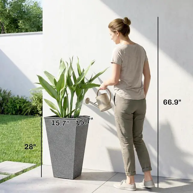 Alt view image 3 of 7 - 28 Inch Tall Planters for Outdoor Plants Plastic Flower Pots Gray | Set of 3, Marble Finish, Drainage Holes, Stackable Tapered Large Planters, for Indoor Plants, Front Porch Decor