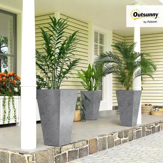 Alt view image 2 of 7 - 28 Inch Tall Planters for Outdoor Plants Plastic Flower Pots Gray | Set of 3, Marble Finish, Drainage Holes, Stackable Tapered Large Planters, for Indoor Plants, Front Porch Decor