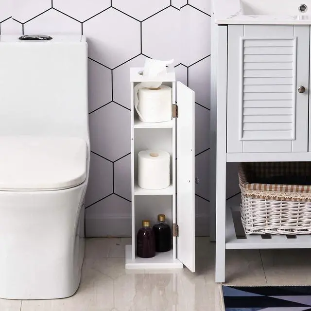Alt view image 2 of 7 - Toilet Paper Cabinet Small Bathroom Corner Floor Cabinet Thin White | Doors and Shelves, Storage Bathroom Organizer, for Paper Shampoo