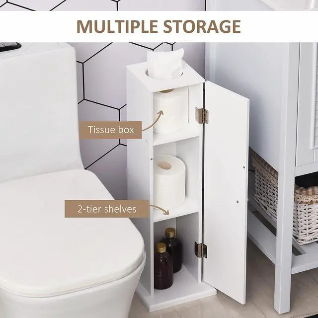 Alt view image 5 of 7 - Toilet Paper Cabinet Small Bathroom Corner Floor Cabinet Thin White | Doors and Shelves, Storage Bathroom Organizer, for Paper Shampoo