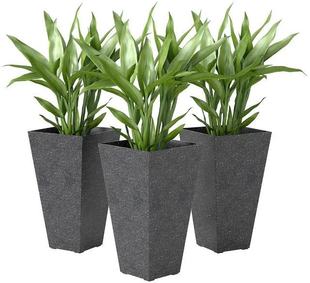 Main image of 28 Inch Plastic Tall Planters for Outdoor Plants Set of 3, Black | Set of 3, Marble Finish, Drainage Holes, Stackable Tapered Large Planters, for Indoor Plants, Front Porch Decor