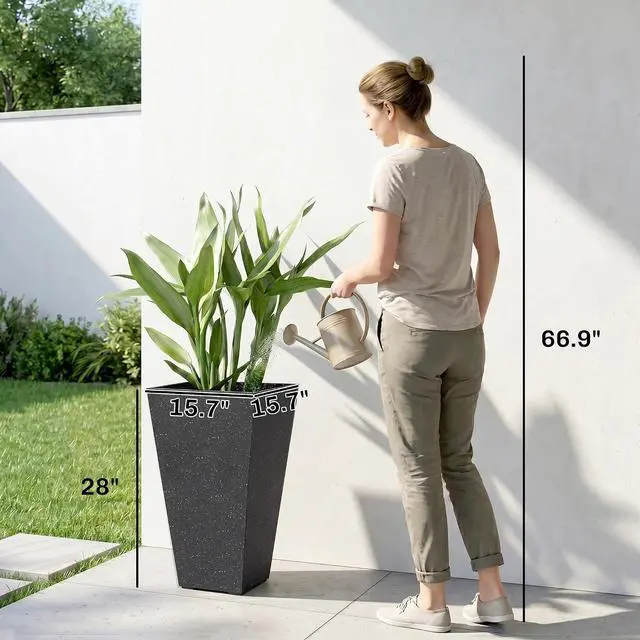 Alt view image 3 of 7 - 28 Inch Plastic Tall Planters for Outdoor Plants Set of 3, Black | Set of 3, Marble Finish, Drainage Holes, Stackable Tapered Large Planters, for Indoor Plants, Front Porch Decor