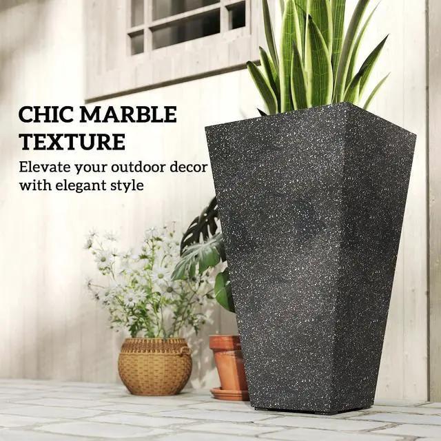 Alt view image 5 of 7 - 28 Inch Plastic Tall Planters for Outdoor Plants Set of 3, Black | Set of 3, Marble Finish, Drainage Holes, Stackable Tapered Large Planters, for Indoor Plants, Front Porch Decor