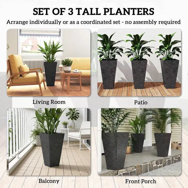 Alt view image 4 of 7 - 28 Inch Plastic Tall Planters for Outdoor Plants Set of 3, Black | Set of 3, Marble Finish, Drainage Holes, Stackable Tapered Large Planters, for Indoor Plants, Front Porch Decor