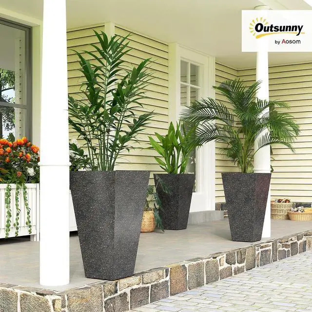 Alt view image 2 of 7 - 28 Inch Plastic Tall Planters for Outdoor Plants Set of 3, Black | Set of 3, Marble Finish, Drainage Holes, Stackable Tapered Large Planters, for Indoor Plants, Front Porch Decor