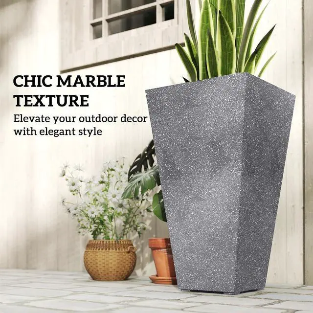 Alt view image 5 of 7 - 28 Inch Tall Planters for Outdoor Plants Plastic Flower Pots Gray | Set of 3, Marble Finish, Drainage Holes, Stackable Tapered Large Planters, for Indoor Plants, Front Porch Decor