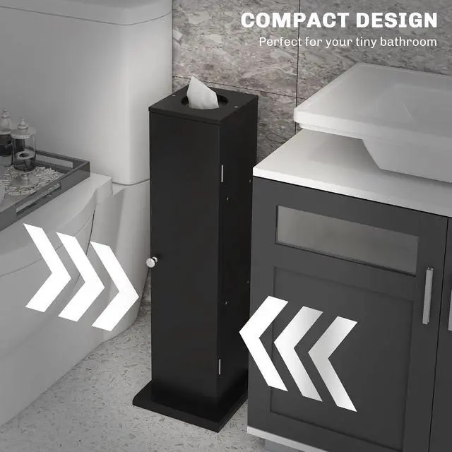 Alt view image 4 of 7 - Toilet Paper Cabinet Small Bathroom Corner Floor Cabinet Thin Black | Doors and Shelves, Storage Bathroom Organizer, for Paper Shampoo