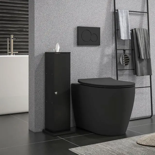 Alt view image 2 of 7 - Toilet Paper Cabinet Small Bathroom Corner Floor Cabinet Thin Black | Doors and Shelves, Storage Bathroom Organizer, for Paper Shampoo
