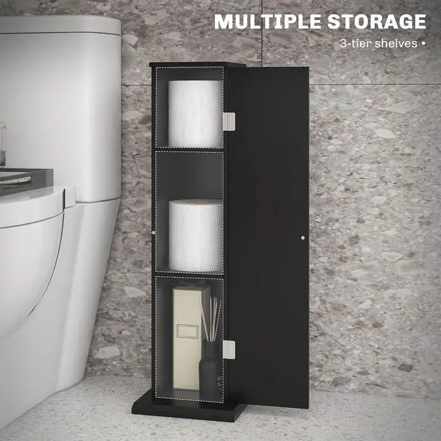 Alt view image 5 of 7 - Toilet Paper Cabinet Small Bathroom Corner Floor Cabinet Thin Black | Doors and Shelves, Storage Bathroom Organizer, for Paper Shampoo