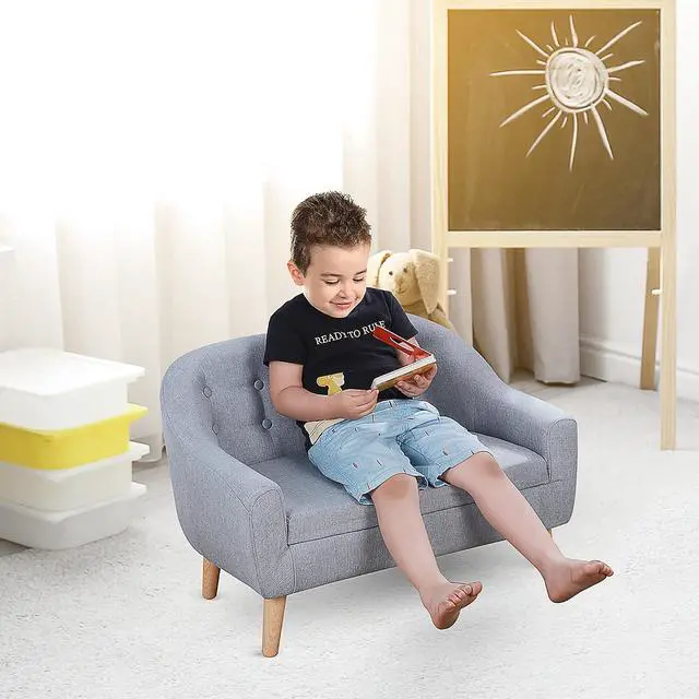 Alt view image 2 of 7 - Qaba 2-Seat Kids Sofa Children's Couch Ages 3-7 11" High Seat Gray | Linen-Like Fabric, Wooden Frame, Sofa Chair