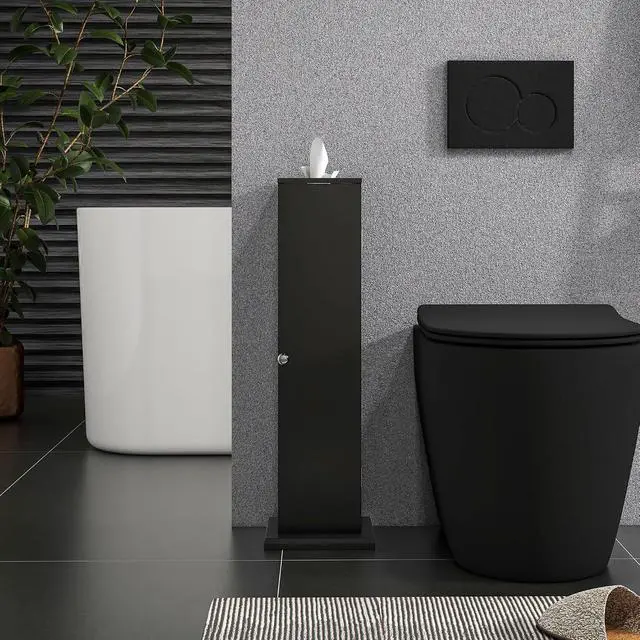 Alt view image 7 of 7 - Toilet Paper Cabinet Small Bathroom Corner Floor Cabinet Thin Black | Doors and Shelves, Storage Bathroom Organizer, for Paper Shampoo