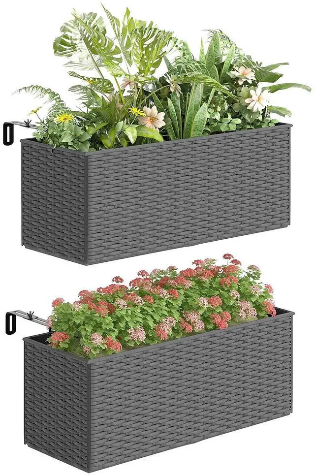 Main image of 2-Pack 20 Inch Railing Planter Box with Hooks for Fence, Gray | Hanging Flower Pots, Drainage Holes, for Balcony Garden Patio, Rattan Look