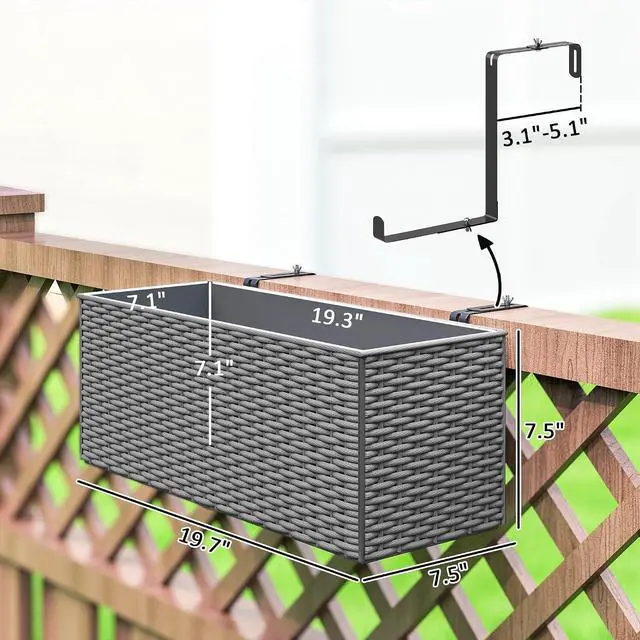 Alt view image 3 of 7 - 2-Pack 20 Inch Railing Planter Box with Hooks for Fence, Gray | Hanging Flower Pots, Drainage Holes, for Balcony Garden Patio, Rattan Look