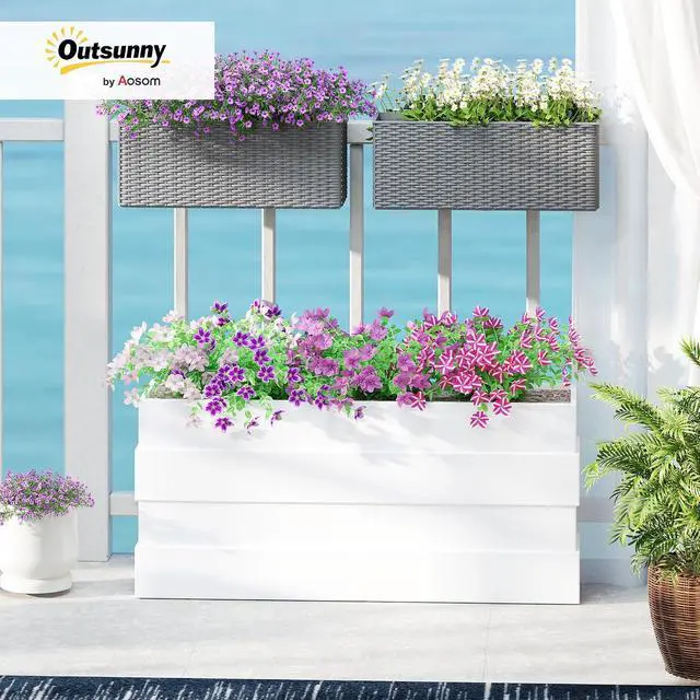 Alt view image 2 of 7 - 2-Pack 20 Inch Railing Planter Box with Hooks for Fence, Gray | Hanging Flower Pots, Drainage Holes, for Balcony Garden Patio, Rattan Look