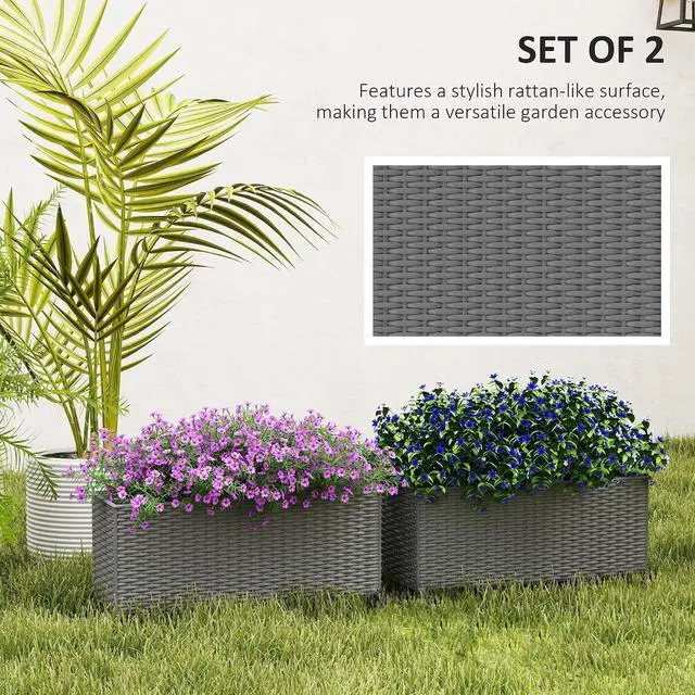 Alt view image 4 of 7 - 2-Pack 20 Inch Railing Planter Box with Hooks for Fence, Gray | Hanging Flower Pots, Drainage Holes, for Balcony Garden Patio, Rattan Look