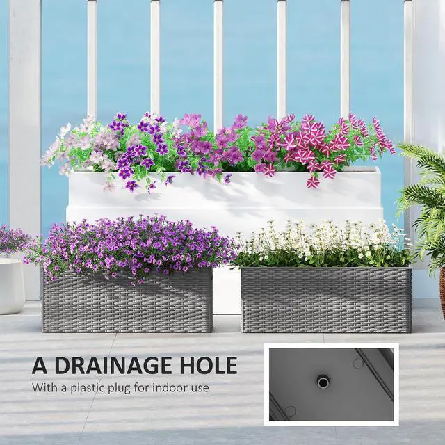 Alt view image 6 of 7 - 2-Pack 20 Inch Railing Planter Box with Hooks for Fence, Gray | Hanging Flower Pots, Drainage Holes, for Balcony Garden Patio, Rattan Look