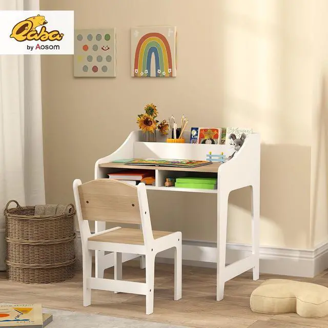 Alt view image 2 of 7 - Qaba Kids Desk and Chair Set Study Desk for Children Storage Natural Wood | Shelves, Wooden Children Writing Table, Bedroom