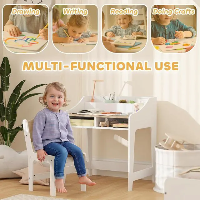 Alt view image 3 of 7 - Qaba Kids Desk and Chair Set Study Desk for Children Storage Natural Wood | Shelves, Wooden Children Writing Table, Bedroom