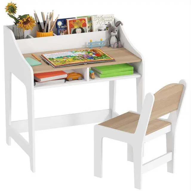 Main image of Qaba Kids Desk and Chair Set Study Desk for Children Storage Natural Wood | Shelves, Wooden Children Writing Table, Bedroom