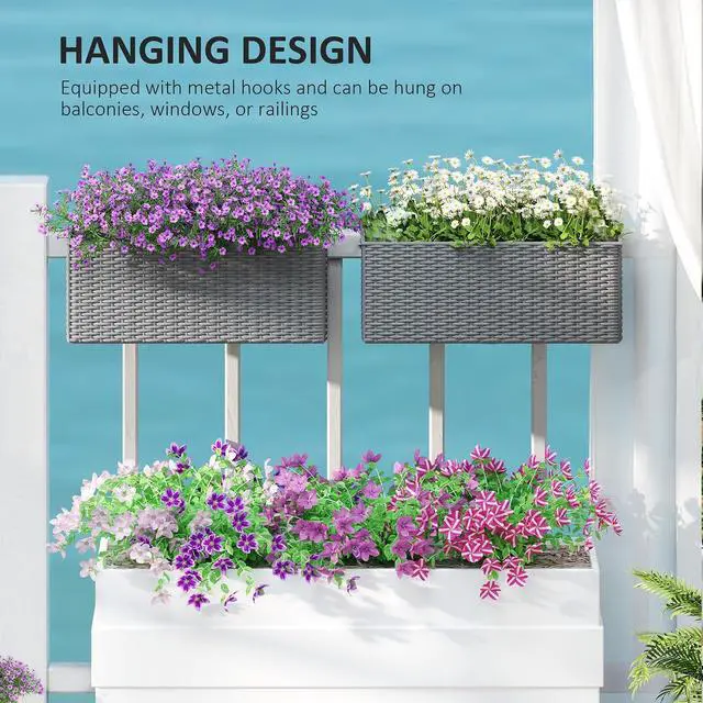Alt view image 7 of 7 - 2-Pack 20 Inch Railing Planter Box with Hooks for Fence, Gray | Hanging Flower Pots, Drainage Holes, for Balcony Garden Patio, Rattan Look