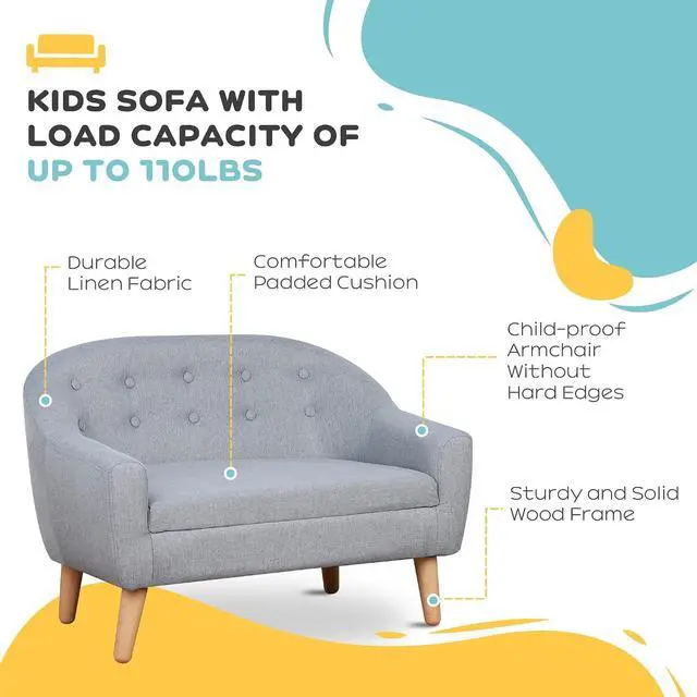 Alt view image 6 of 7 - Qaba 2-Seat Kids Sofa Children's Couch Ages 3-7 11" High Seat Gray | Linen-Like Fabric, Wooden Frame, Sofa Chair