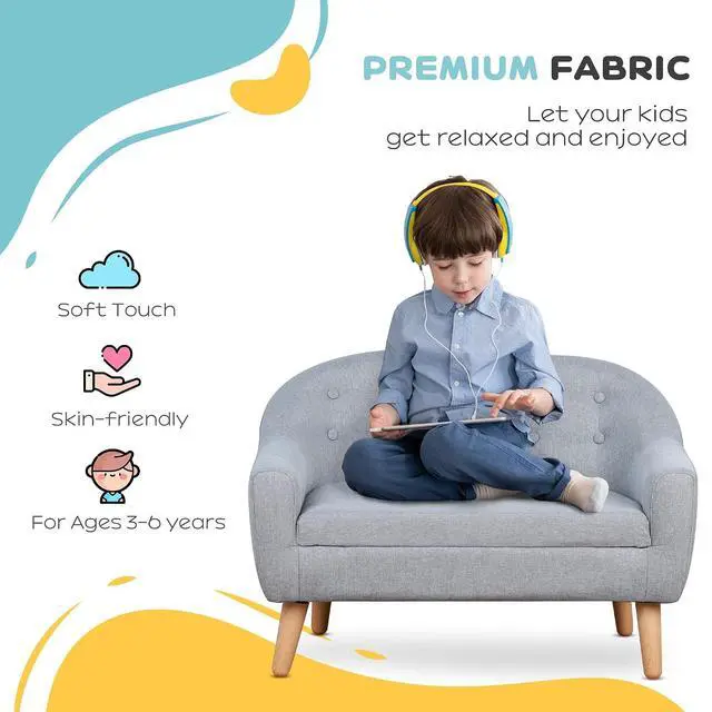 Alt view image 5 of 7 - Qaba 2-Seat Kids Sofa Children's Couch Ages 3-7 11" High Seat Gray | Linen-Like Fabric, Wooden Frame, Sofa Chair