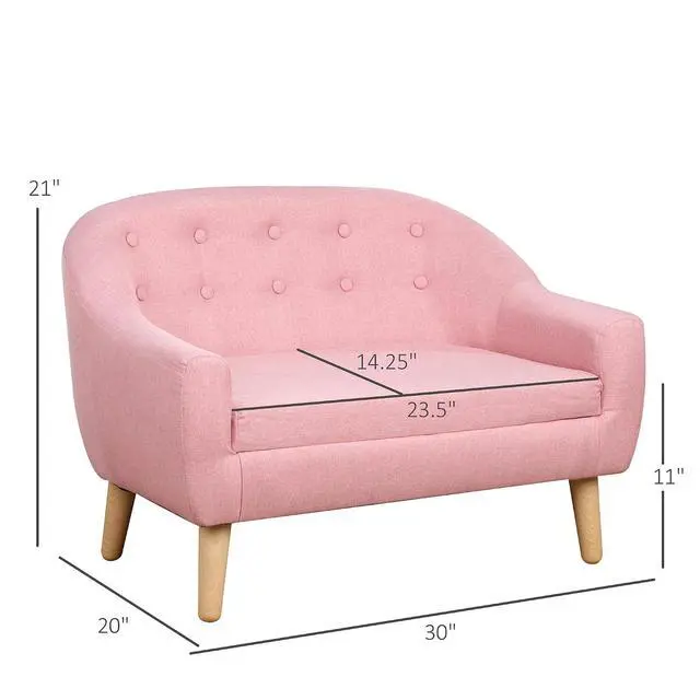 Alt view image 3 of 7 - Qaba 2-Seat Kids Sofa Children's Couch Ages 3-7 11" High Seat Pink | Linen-Like Fabric, Wooden Frame, Sofa Chair