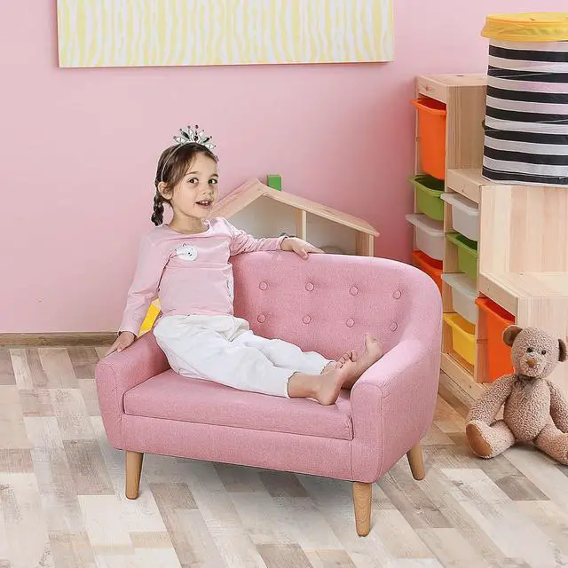 Alt view image 2 of 7 - Qaba 2-Seat Kids Sofa Children's Couch Ages 3-7 11" High Seat Pink | Linen-Like Fabric, Wooden Frame, Sofa Chair