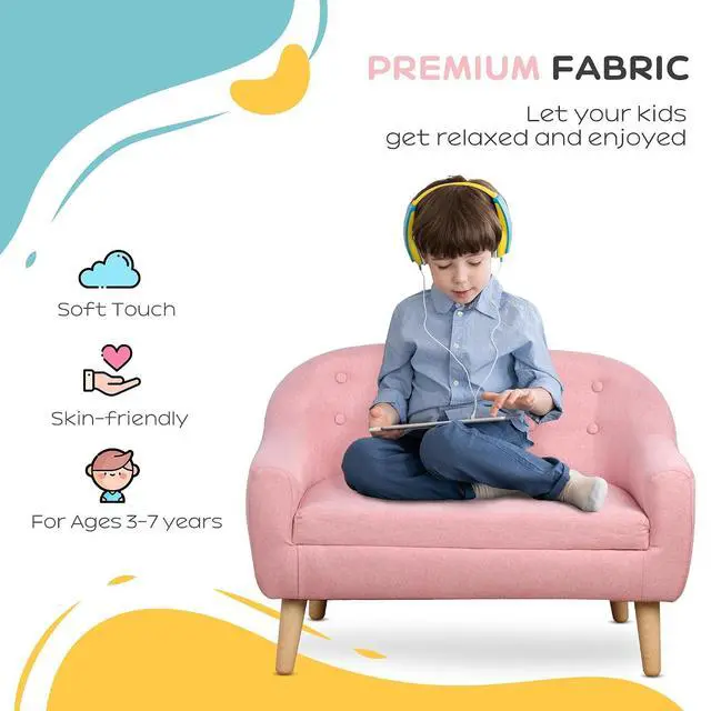 Alt view image 5 of 7 - Qaba 2-Seat Kids Sofa Children's Couch Ages 3-7 11" High Seat Pink | Linen-Like Fabric, Wooden Frame, Sofa Chair