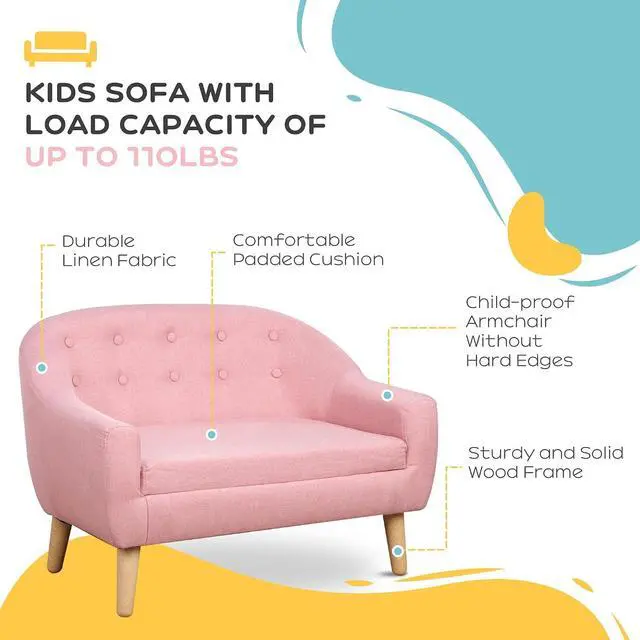 Alt view image 6 of 7 - Qaba 2-Seat Kids Sofa Children's Couch Ages 3-7 11" High Seat Pink | Linen-Like Fabric, Wooden Frame, Sofa Chair