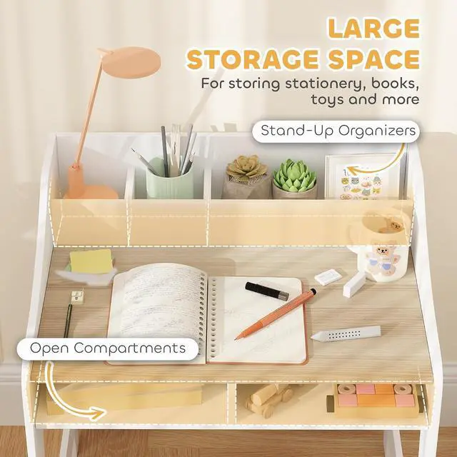 Alt view image 4 of 7 - Qaba Kids Desk and Chair Set Study Desk for Children Storage Natural Wood | Shelves, Wooden Children Writing Table, Bedroom