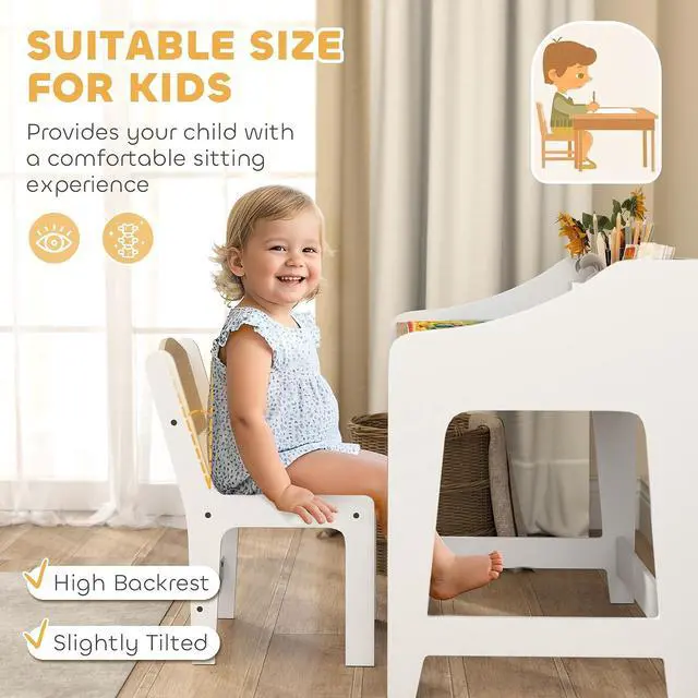 Alt view image 5 of 7 - Qaba Kids Desk and Chair Set Study Desk for Children Storage Natural Wood | Shelves, Wooden Children Writing Table, Bedroom