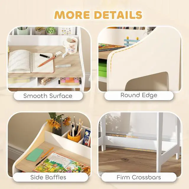 Alt view image 6 of 7 - Qaba Kids Desk and Chair Set Study Desk for Children Storage Natural Wood | Shelves, Wooden Children Writing Table, Bedroom