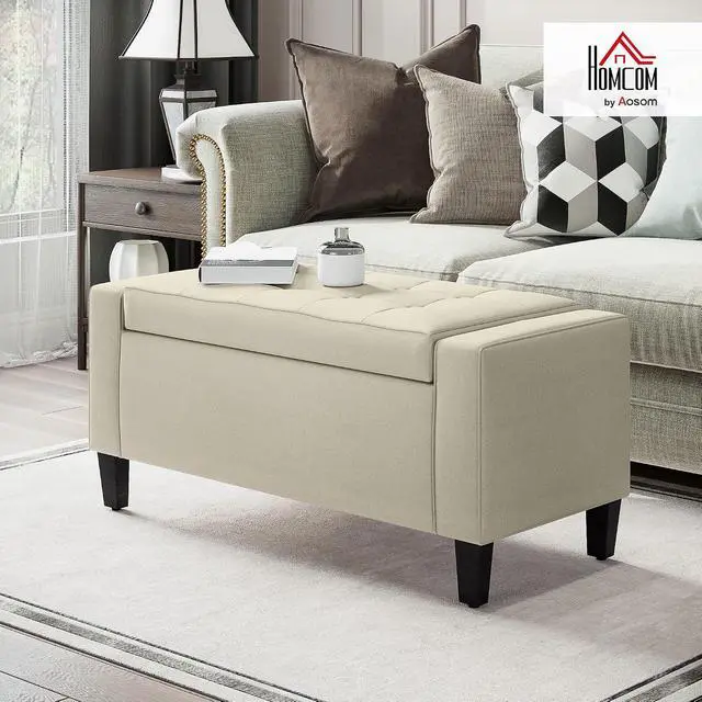 Alt view image 2 of 7 - 36" Ottoman with Storage, Lift Top Rubberwood Legs 330 lb Beige | Storage Ottoman Bench, Linen Upholstered Entryway Seat, Living Room, Bedroom