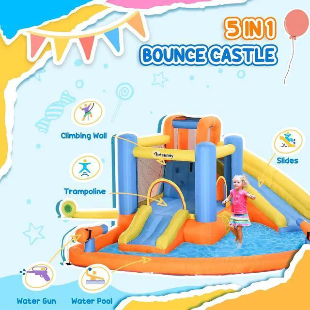 Alt view image 3 of 7 - Inflatable Water Slide Kids Bounce House with Pool for Backyard | Climbing Wall, Water Cannon, Dual Slides, Trampoline, 5-in-1 Bouncy Castle, Air Blower, Outdoor Indoor Fun