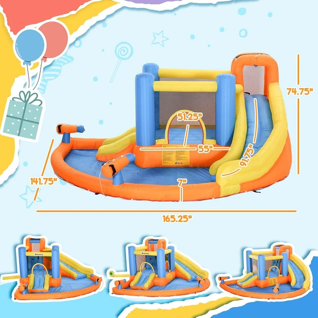Alt view image 7 of 7 - Inflatable Water Slide Kids Bounce House with Pool for Backyard | Climbing Wall, Water Cannon, Dual Slides, Trampoline, 5-in-1 Bouncy Castle, Air Blower, Outdoor Indoor Fun