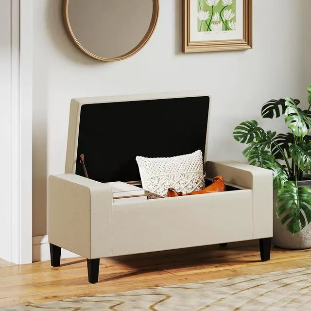 Alt view image 7 of 7 - 36" Ottoman with Storage, Lift Top Rubberwood Legs 330 lb Beige | Storage Ottoman Bench, Linen Upholstered Entryway Seat, Living Room, Bedroom