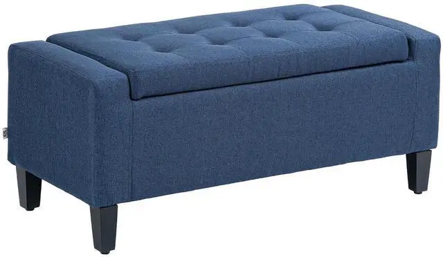 Main image of 36" Ottoman with Storage, Lift Top Rubberwood Legs 330 lb Dark Blue | Storage Ottoman Bench, Linen Upholstered Entryway Seat, Living Room, Bedroom