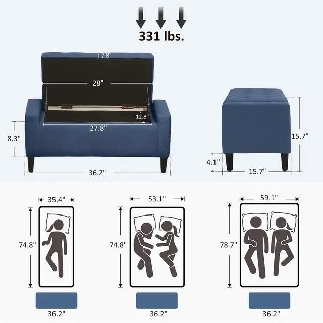 Alt view image 3 of 7 - 36" Ottoman with Storage, Lift Top Rubberwood Legs 330 lb Dark Blue | Storage Ottoman Bench, Linen Upholstered Entryway Seat, Living Room, Bedroom